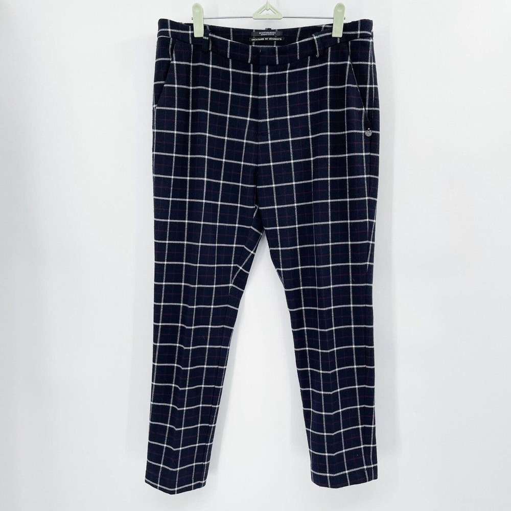 Scotch & Soda Plaid Ankle Pants Blue Size M Mid Rise Zip Stretch Career